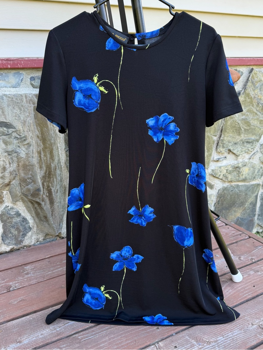 Whimsygoth Indie 90s Black Midi Dress with Blue Floral Print